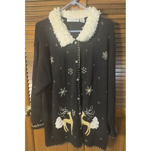 Victoria Jones 1X Black Christmas Sweater‎ Reindeer Snowflakes Sherpa Collar